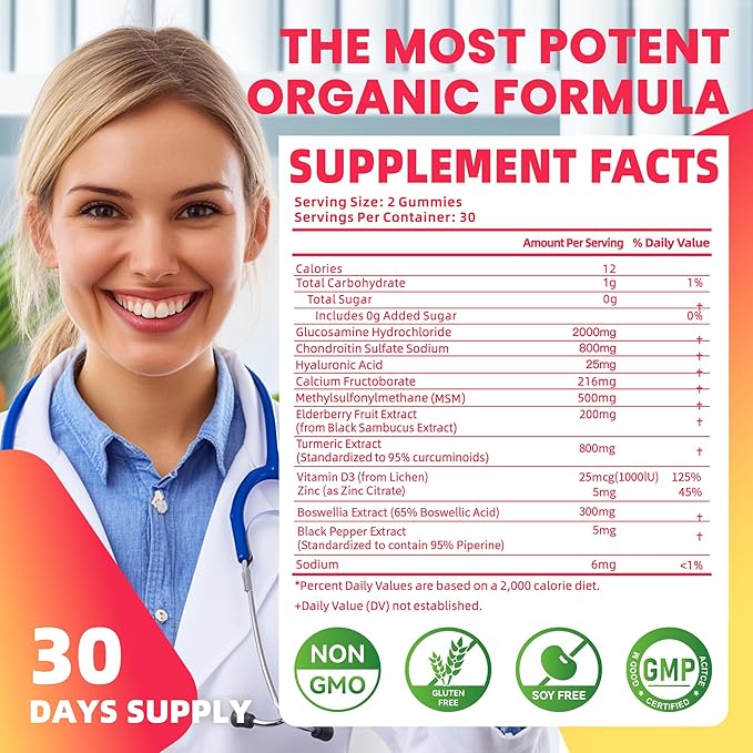Glucosamine Chondroitin Gummies with MSM & Elderberry Extra Strength - Joint Support, Antioxidant Immune Support Supplement for Adults, Men & Women.Strawberry-2pack