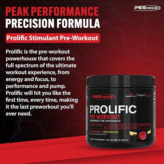 PEScience Prolific Energy Pre Workout – L Citrulline for Nitric Oxide, Rhodiola & CDP Choline Nootropic for Focus – Preworkout for Men & Women – 40 Scoops, Raspberry Lemonade