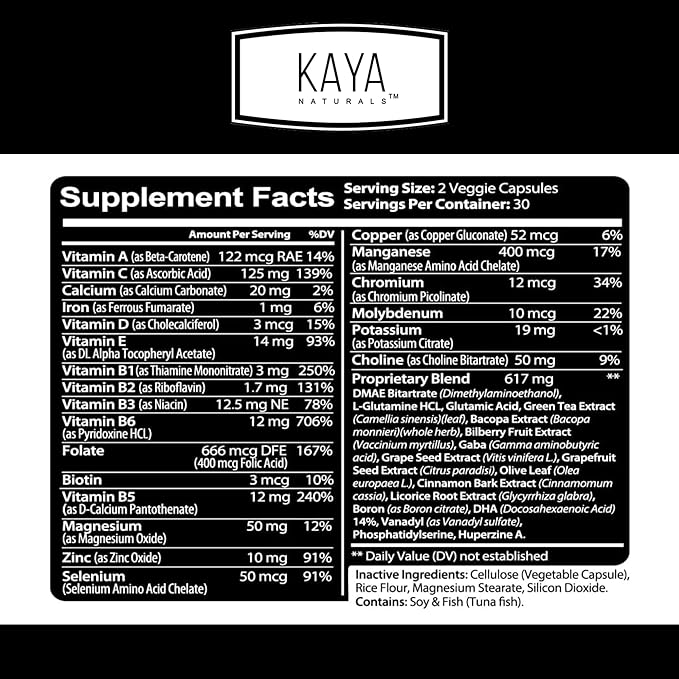 Kaya Naturals - Nootropic Brain Booster - for Memory & Focus - Brain Support Supplement - Focus & Concentration & Learning Accuracy - Cognitive Function - 60 Count