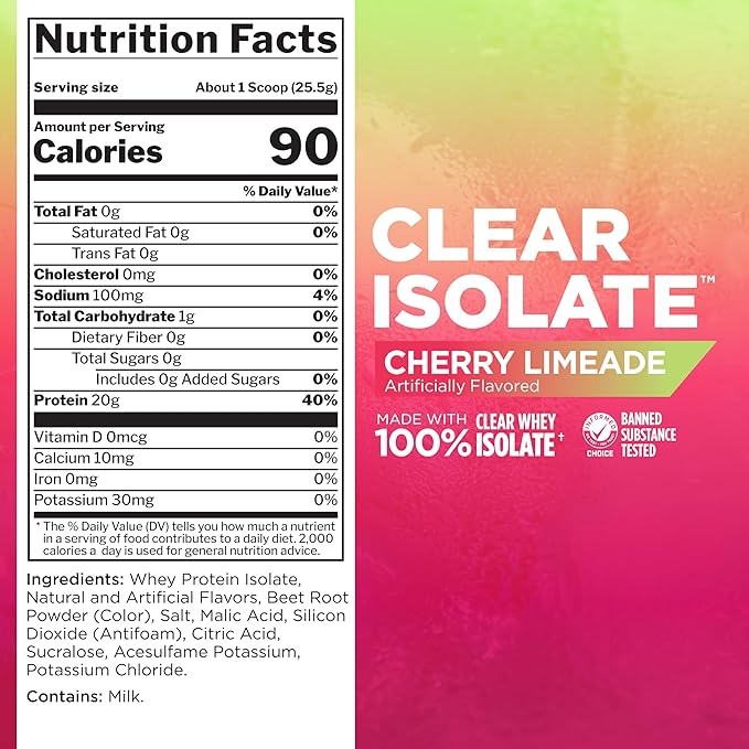Rule One Proteins Clear Isolate - 20g All-whey Isolate Protein, Over 9g EAAs, 300mg of Electrolyte Minerals, 90 Calories, Light, Crisp, and Refreshing Taste (27 Servings, Cherry Limeade)