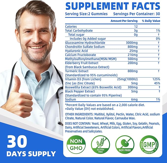 Glucosamine Chondroitin Gummies with MSM & Elderberry Extra Strength - Joint Support, Antioxidant Immune Support Supplement for Adults, Men & Women.120 Blueberry Chews