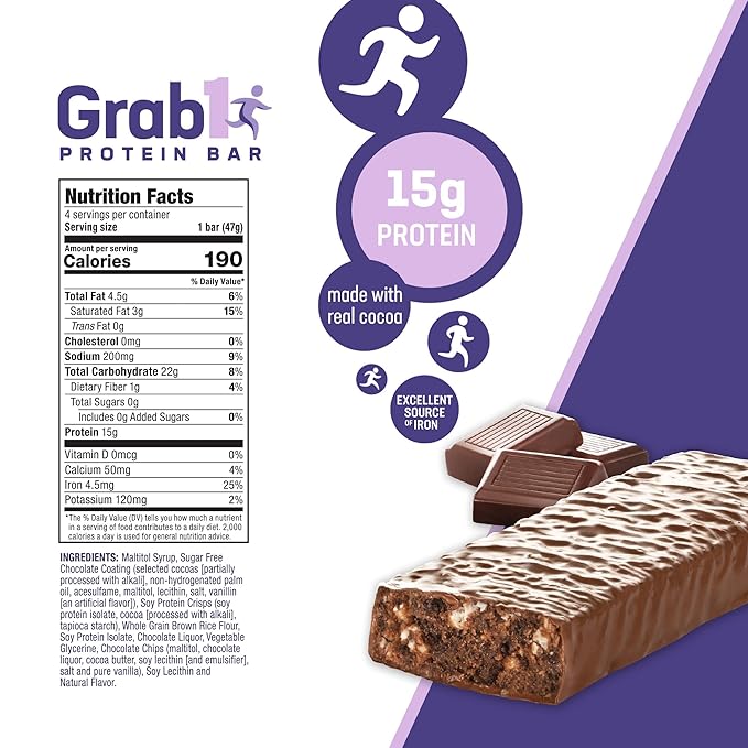 Grab1 Sugar Free Protein Bars, Dairy Free Dark Chocolate (3 Pack = 12 Bars) | 12gr Protein + 4gr Fiber | Low Calorie | Zero Sugar