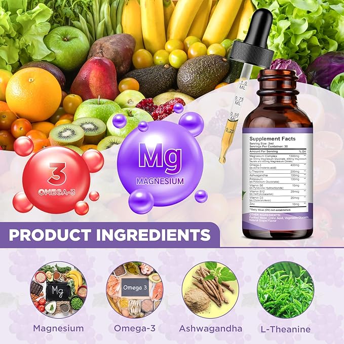 2 Pack Magnesium Liquid Drops, Calm Magnesium Glycinate Liquid Drops with Taurate & Citrate, Potassium, Omega3, L-Theanine, Ashwagandha, D3, B6, B12 for Sleep, Muscle, Heart, Sugar-Free Grape Flavor