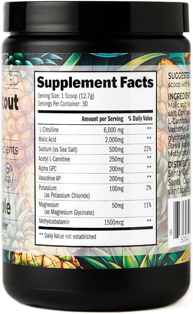 Santa Cruz Paleo Natural Pre Workout Powder, Pineapple, Keto Preworkout with Electrolytes, Magnesium, Potassium, L-Citrulline, 150mg Caffeine, Sugar Free Drink Mix for Energy & Hydration, 30 Servings