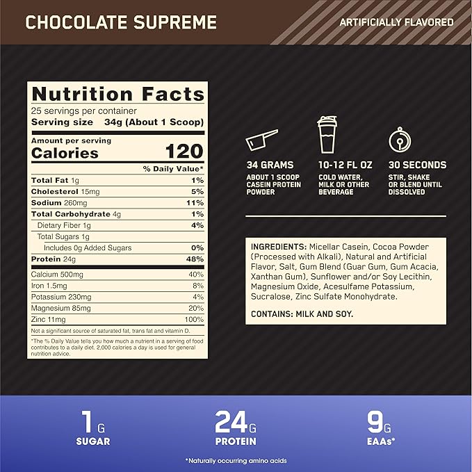 Optimum Nutrition Gold Standard 100% Micellar Casein Protein Powder, Slow Digesting, Helps Keep You Full, Overnight Muscle Recovery, Chocolate Supreme, 2 Pound (Packaging May Vary)