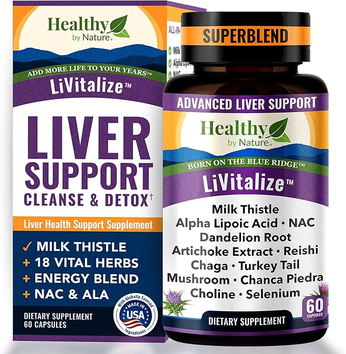 LiVitalize 28-in-1 Liver Cleanse Detox & Repair | Milk Thistle Silymarin Dandelion NAC Alpha Lipoic Acid Artichoke & Mushroom Energy Formula | Active Liver Health Support Supplement | 1540mg (60 CT)