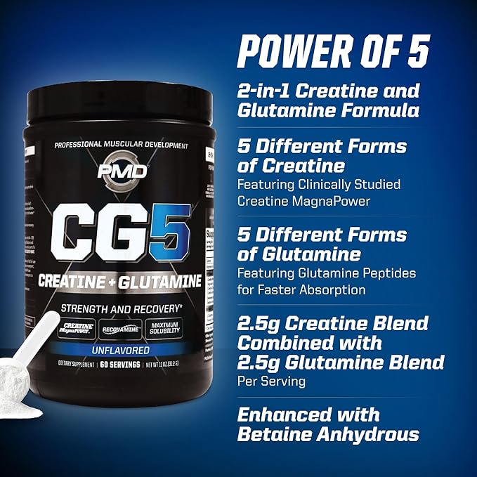 PMD Sports CG5 Premium Creatine & L Glutamine Powder, Power Recovery, Build Lean Muscle, Increase Workout Performance, Maximum Strength Pre Workout & Post Workout, Unflavored, 60 Servings