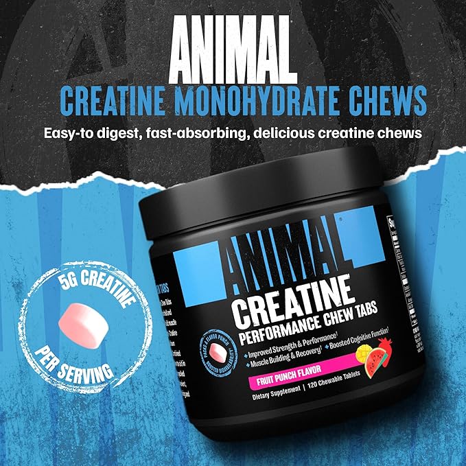 Animal Creatine Chews Tablets - Enhanced Creatine Monohydrate with AstraGin to Improve Absorption, Sea Salt for Added Pumps, Delicious and Convenient Chewable Tablets - Fruit Punch
