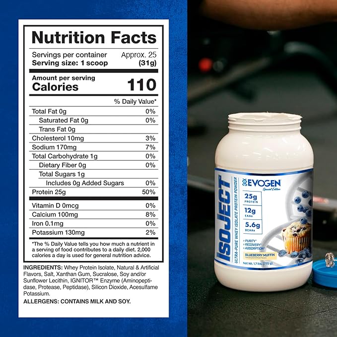 Evogen Isoject - Whey Protein Isolate | Ultra-Pure Whey Protein Powder with Ignitor Enzymes, BCAAs, and EAAs | Enhanced Absorption & Recovery | Blueberry Muffin | 25 Servings