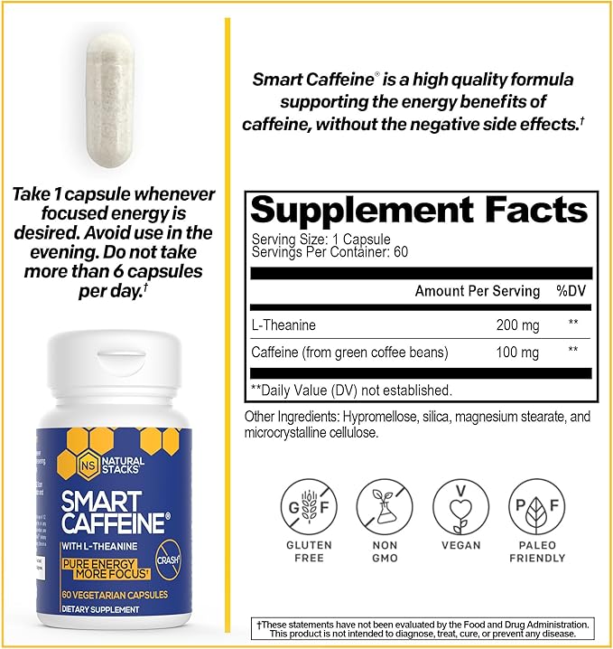 NATURAL STACKS Smart Caffeine Pills - 100mg Caffeine + 200mg L-Theanine Supplement - Supports Energy and Focus - No Jitters and No Crash - 60 Capsules