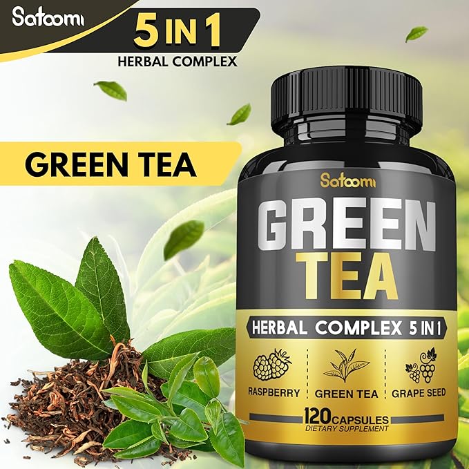 5in1 Organic Green Tea Extract with EGCG- 14200mg per Serving - Blended Raspberry, Grape Seed, Gymnema & Coleus Forskohlii - Support Heart, Body Balance & Immune for 2 Months