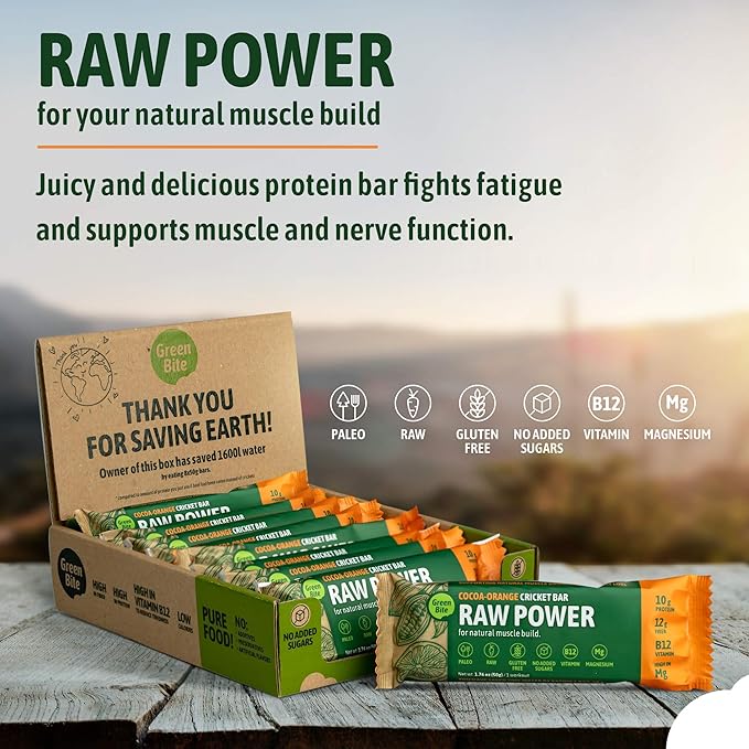 Raw Power Cocoa Orange Cricket Bar, Fit and Active Protein Bars, Nutritious Paleo Diet Snacks, Meal Replacement Bars with Cricket Protein, Energy Bar for Post Workout, Pack of 8 - Green Bite