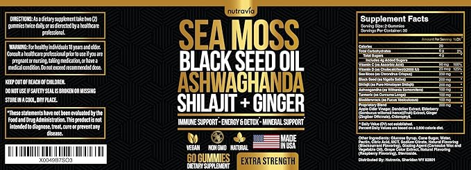 Sea Moss, Black Seed Oil, Ashwagandha, Ginger, Shilajit Gummies with Elderberry, Chlorophyll, Turmeric Bladderwrack Sea Moss Gummies Advanced Strength Formula - All in 1 Bundle - USA Made (60 Gummies)
