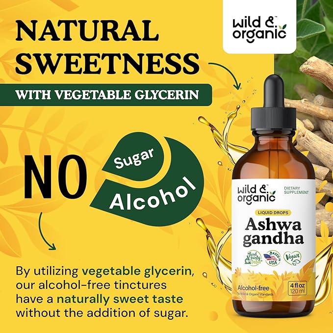 Wild & Organic Ashwagandha Drops - Mood Support Supplement w/Ashwagandha Root Extract - Liquid Drops for Calm Mind - Relaxation Supplements - Sugar & Alcohol-Free - 4 fl oz