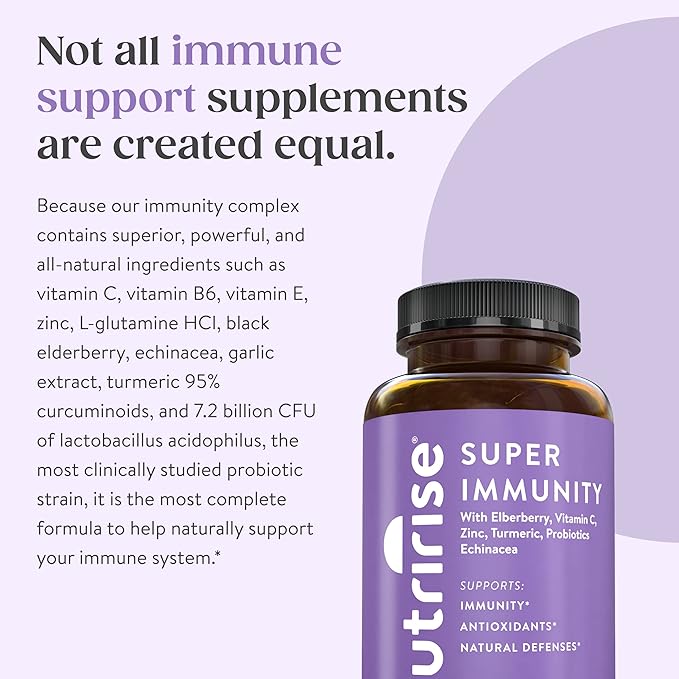 NutriRise Immunity Complex Immune Support Supplement with Vitamin C, E, B6, Zinc, Turmeric Curcumin, Elderberry, Echinacea, 7.2 Billion CFU Probiotics for Gut Health, 90 Count