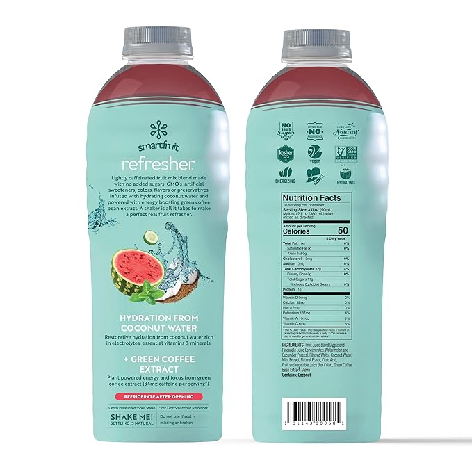 Replenish Refresher - Watermelon, Cucumber, Mint - Made with Real Fruit and No Added Sugar – Low Cal, Hydrating Coconut Water, and Natural Energy (48oz Bottle)