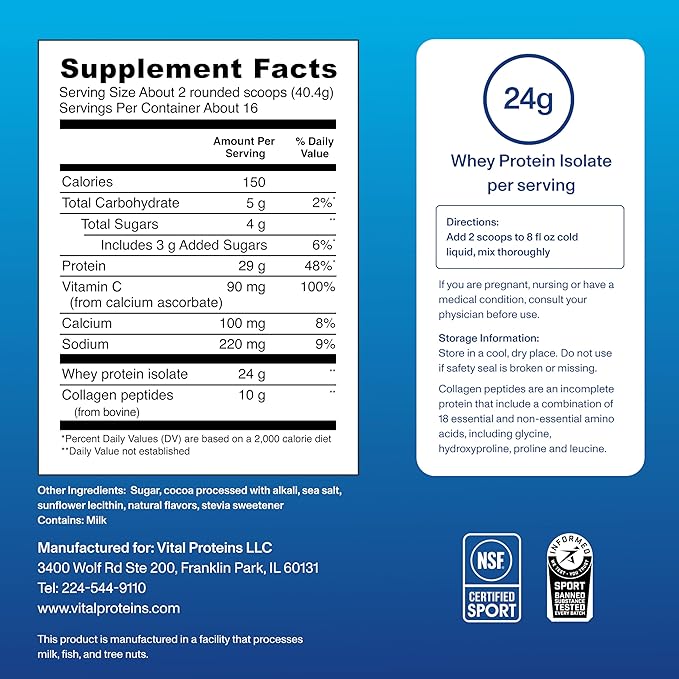 Vital Proteins Whey Protein Powder+ Collagen Peptides, 24g Protein Supporting Recovery & Joint Health, with Vitamin C, About 16 Servings - Chocolate 22.8oz