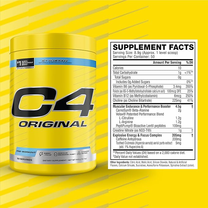 Cellucor C4 Original Pre Workout – Pre-Workout for Endurance, Focus & Performance with 200mg Caffeine, Beta-Alanine, Creatine Nitrate, L-Arginine & PeptiPump – Sugar Free, 50 Servings, ICY Blue Razz