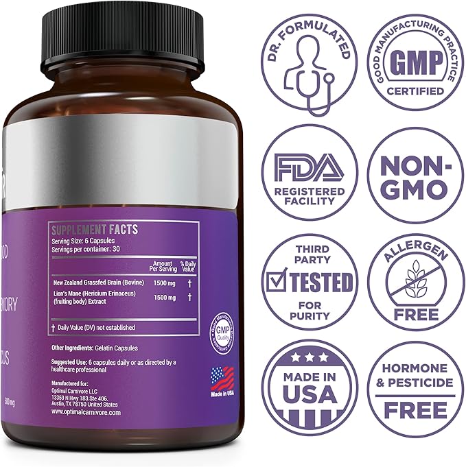 Lions Mane Mushroom Supplement & Beef Brain, Powerful Nootropics Brain Support Supplement, Brain Supplements for Memory and Focus, 180 Capsules