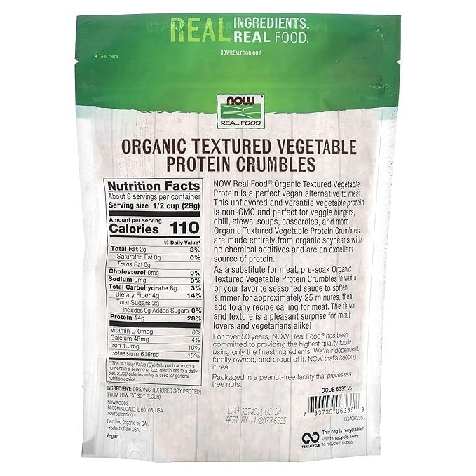 NOW Foods, Organic Textured Soy Protein Granules, Non-GMO, Versatile, Vegetable-Sourced Protein, 8-Ounce (Packaging May Vary)