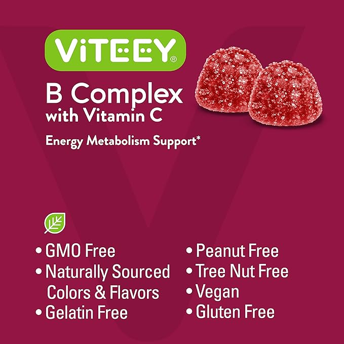 Viteey Vitamin B Complex for Adults with Vitamin C, B6, B12, Niacinamide, Folic Acid, Biotin, Calcium - Supports Energy & Metabolism - Vegan, Gluten Free, Gelatin Free - Chewable Strawberry Flavored