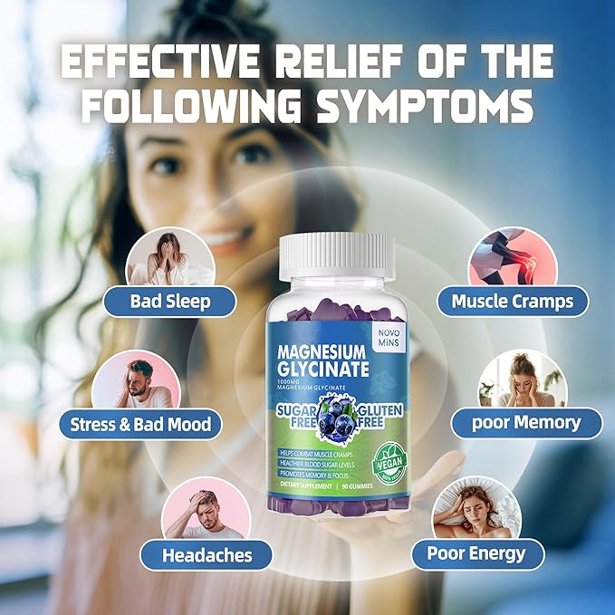 90 CT Magnesium Glycinate Gummies 1000mg - Sugar Free Magnesium Potassium Supplement with Vitamin D, B6, CoQ10 for Calm Mood & Sleep Support - 90 Blueberry Gummies.