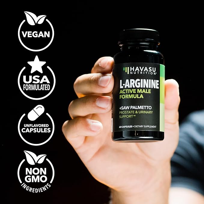 L-Arginine 500mg and Saw Palmetto 500mg - Nitric Oxide and Prostate Health Supplements for Men - 60 Count - Endurance and Urinary Tract Function Support - 1 Month Supply - Vegan, Non-GMO Capsules