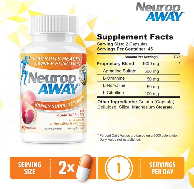 NeuropAWAY Kidney Support Formula Sugar Free with Agmatine Sulfate 500mg L-Novaline 50mg L-Ornithine 150mg L-Citrulline 100mg Per Capsule 90CT Fast Acting Kidney Support