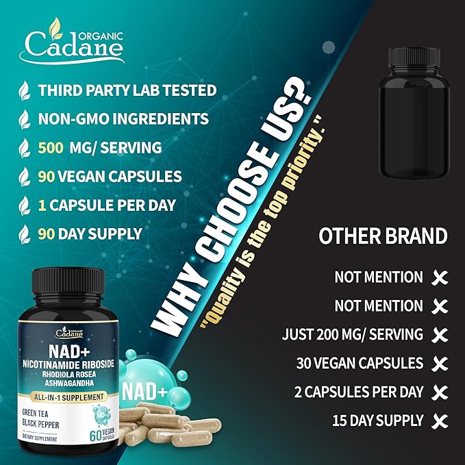Organic Cadane Nicotinamide Riboside Supplement | Cellular Health Support | Vegan, Non-GMO – 90 Capsules - Support for 3 Months