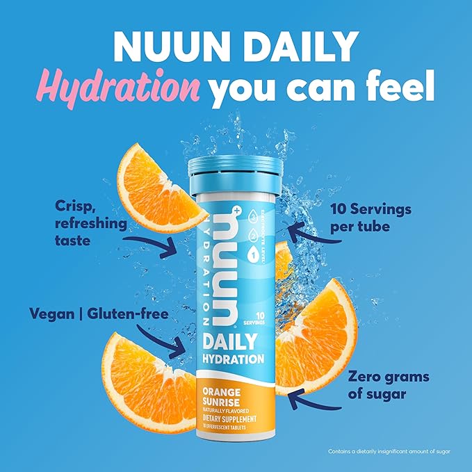 Nuun Daily Electrolyte Tablets with Magnesium, Calcium, Potassium, Chloride & Sodium, Gluten Free, Sugar Free, & Vegan, Orange Sunrise Flavor, 8 Pack (80 Servings Total)