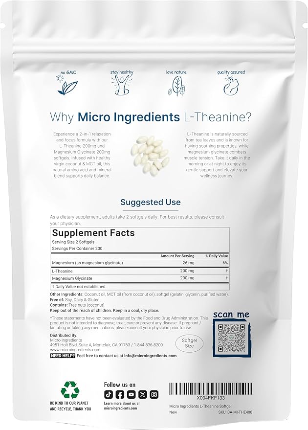 L-Theanine 200mg with Magnesium Glycinate, 400 Coconut MCT Oil Softgels | Relaxation, Focus & Muscle Support Supplement | 2-in-1 Amino Acid & Mineral Complex | Gentle Care All Day & Night