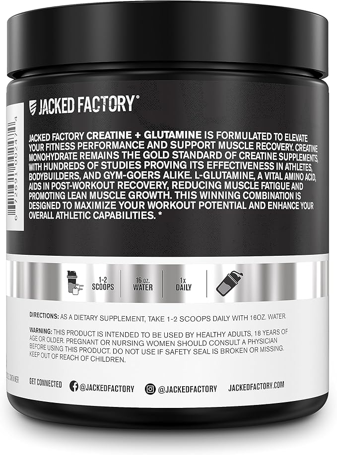 Jacked Factory Creatine + Glutamine - Creatine Supplement with L-Glutamine for Muscle Recovery, Muscle Growth, Increased Strength, Enhanced Energy Output, and Gut Health - 30 Servings, Unflavored