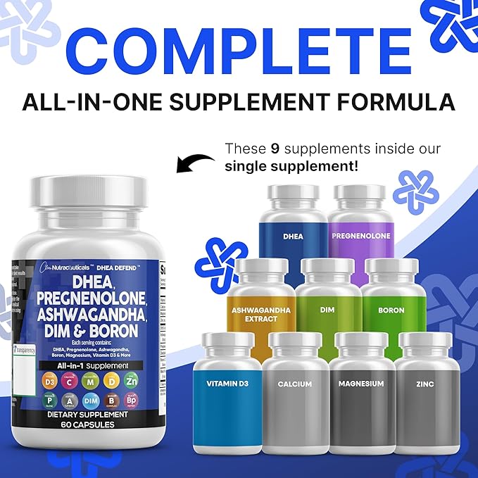 DHEA 200mg Supplement Pregnenolone 100mg for Men & Women with DIM Ashwagandha Boron 6mg Complex Calcium Magnesium Zinc 50mg Vitamin D3 5000 iu Hormone Support Capsules Pills - Made in USA 60 Ct