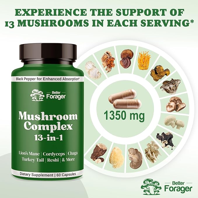 Mushroom Complex Capsules, 13-in-1 Mushroom Supplement, Lion's Mane, Reishi, Cordyceps, & More, Promotes Focus, Clarity, & Memory, Extract Supplement, 1 Month Supply, 60 Count