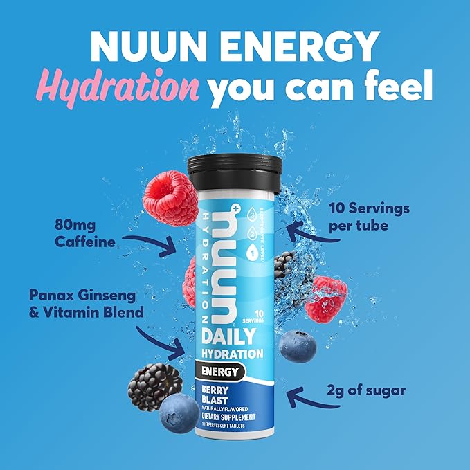 Nuun Energy Electrolyte Tablets with Ginseng, Caffeine from Green Tea Extract, Vitamin B12, B6, B5, Magnesium & 4 Other Electrolytes, Gluten Free & Vegan, Mixed Flavors, 4 Pack (40 Servings Total)