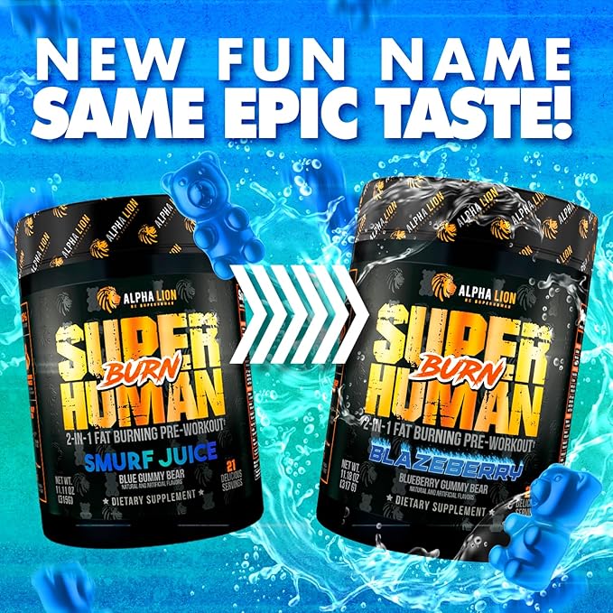 ALPHA LION Superhuman Burn – 2 in 1 Metabolism Booster Pre Workout and Thermogenic Fat Burner for Men – Appetite Suppressant and Weight Loss Supplement (21 Servings, Blue Gummy Bear Flavor)