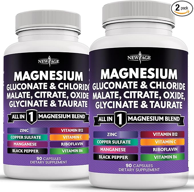 NEW AGE Magnesium Supplement -Powerful Glycinate Citrate Malate Oxide Taurate Aspartate Gluconate Orotate & Mag Chloride Manganese Bone Health and Bone Strength, Joint Support- 180 Count