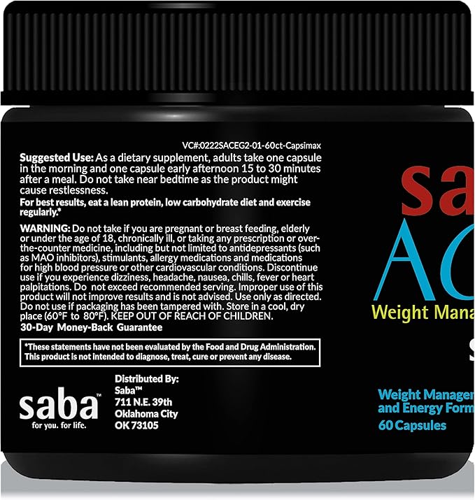 Saba ACE G2 - Thermogenic Fat Burner. Weight Loss Supplement, Appetite Suppressant, & Energy Booster - Green Tea Extract,Capsimax, Garcania, Carnosyn & More - 60 Capsules