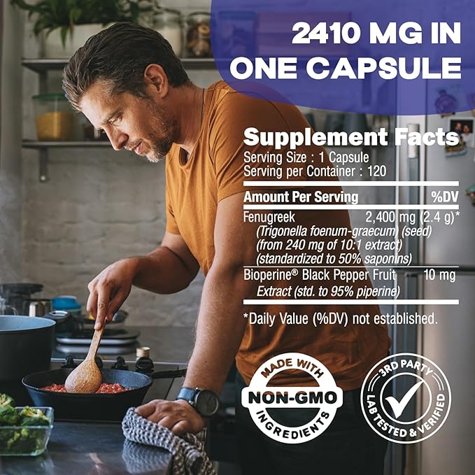 Fenugreek Capsules, 2410mg Per Capsule, 120 Count, Fenugreek Pills with Bioperine for Superior Absorption, Non-GMO, Gluten Free Fenugreek Seeds Extract Supplements, Fenogreco Capsulas