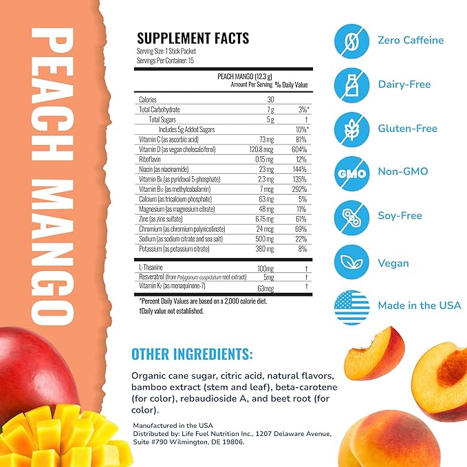 Hyburst Electrolytes Powder Packets with 13 Esstential Nutrients, Improve Energy, 100mg L-Theanine Nootropics, Non-GMO, Vegan, Gluten Free, Peach Mango Drink Mix, 15 Sticks