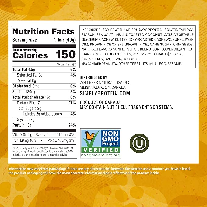 Simply Protein - Lemon Coconut Crispy Bars - Plant Based Protein Bars - Low Carb, Low Sugar, High Fiber - 13g Protein, 2g Sugar, 7g Fiber - Vegan, Gluten Free, Non GMO, Kosher - 4 Bars