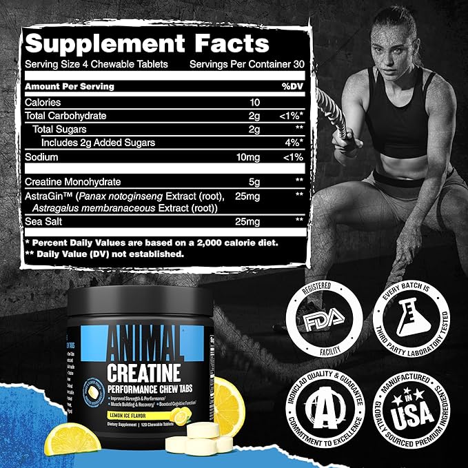 Animal Creatine Chews Tablets - Enhanced Creatine Monohydrate with AstraGin to Improve Absorption, Sea Salt for Added Pumps, Delicious and Convenient Chewable Tablets - Lemon Ice