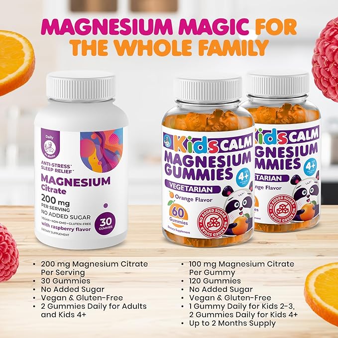 DR. MORITZ Kids Magnesium Citrate Gummies Orange Flavor (120 Count) and 200 mg Calm Magnesium Gummies for Adults in Raspberry Flavor (30 Count) - No Added Sugar & Non-GMO