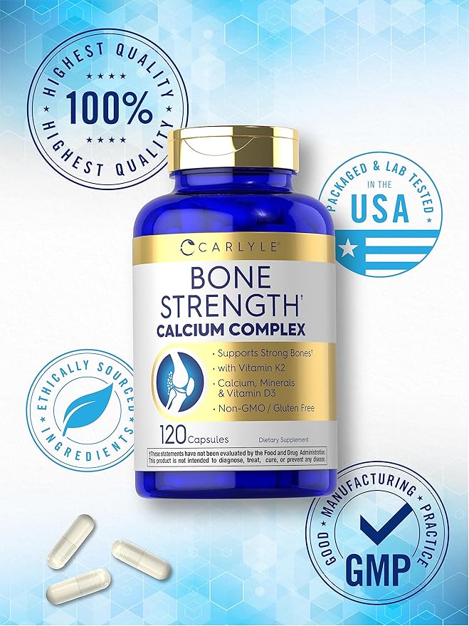 Carlyle Bone Strength Calcium Complex Supplement | with Vitamin D3, Magnesium, K2, Zinc & Boron | 120 Capsules | Non-GMO, Gluten Free