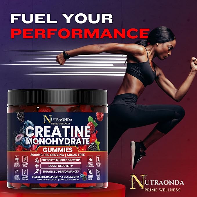 Pre-Workout Gummies – 120-Count Creatine Monohydrate Gummies for Men and Women – Pre-Workout Supplement with BCCA, L-Carnitine, Taurine for Muscle Growth, Energy, Performance – Berry Flavor