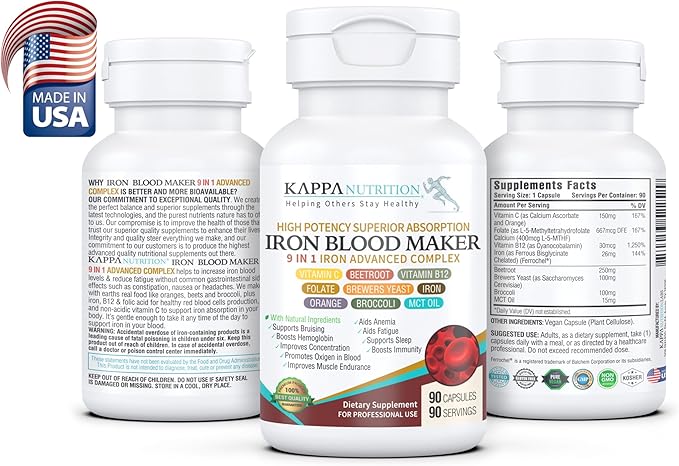 KAPPA NUTRITION Iron 26mg, Vitamin C & Orange 150mg, Folate 667mcg DFE, Vitamin B12, Beetroot, Brewers Yeast, Broccoli & MCT Oil 9 in 1 Advanced Complex (90 Capsules)