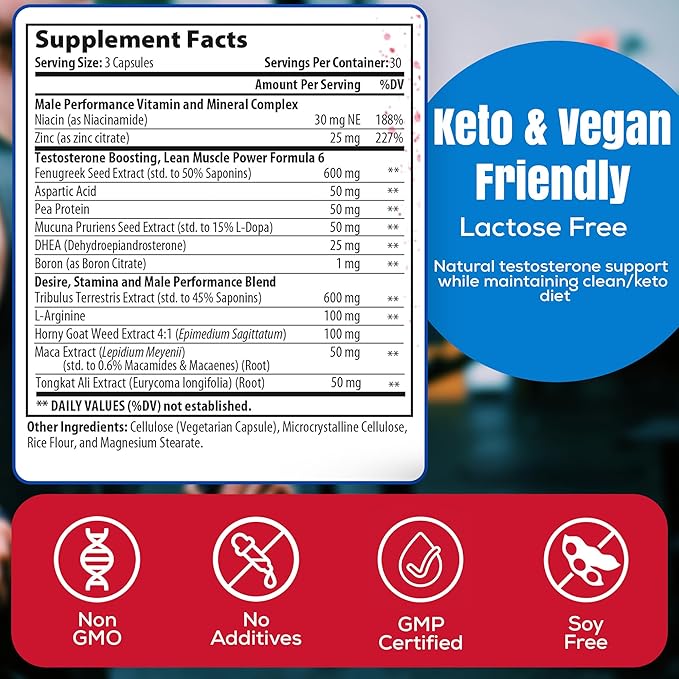 Testosterone Booster for Men, Keto Vegan, Total Male Test Supplement, Tongkat Ali Horney Goat Weed Tribulus Terrestris D Aspartic Acid Boron Plus Zinc DHEA, Enhance Max Mood Build Muscle Pills 90 Caps
