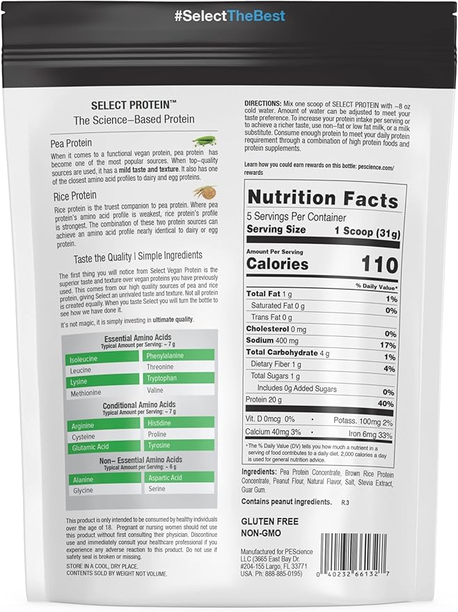 PEScience Select Vegan Plant Based Protein Powder, Peanut Butter Delight, 5 Serving, Premium Pea and Brown Rice Blend