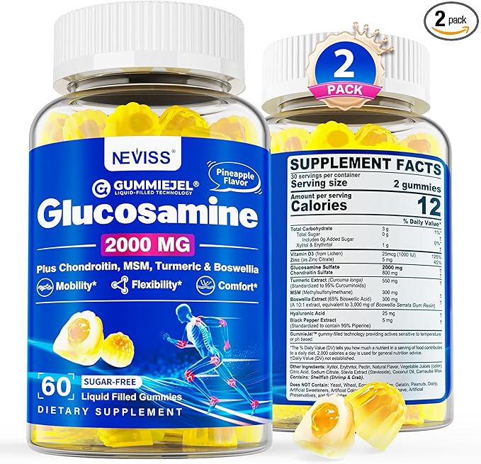 NEVISS Sugar Free Glucosamine Filled Gummies - Glucosamine Supplement Plus Chondroitin, MSM, Turmeric, Boswellia, Hyaluronic Acid, Vitamin D3 & Zinc, 120 Gummies, 60 Servings