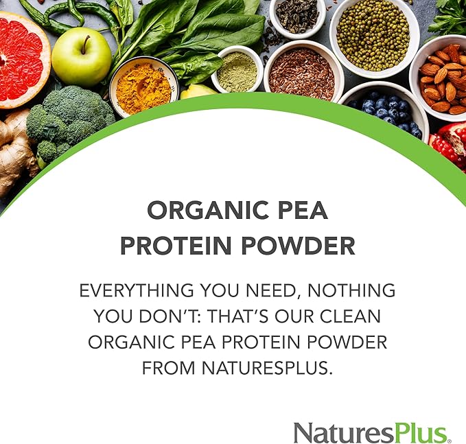Natures Plus Organic Pea Protein - 1.1 lbs, Vegan Drink Powder - High Energy Protein Powder, Hunger Suppressant, Muscle Builder, Promotes Heart Health - Non-GMO, Vegetarian, Gluten-Free - 25 Servings